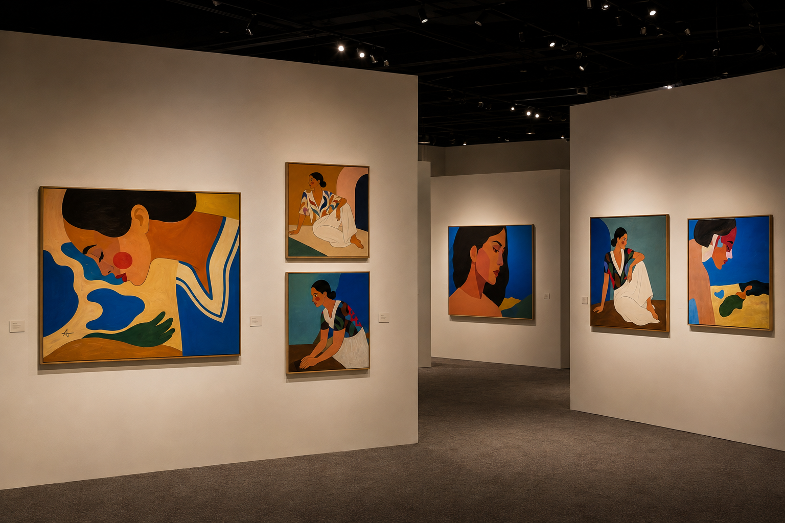 A gallery view of Sonia Anton's colourful figurative paintings
